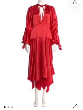 NWT Self-Portrait Red Satin V‑Neck Handkerchief-Hem Dress